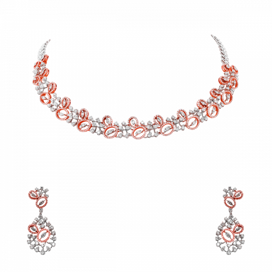 Designer Gold & Diamond Necklace Set With Oval N Pear Motifs