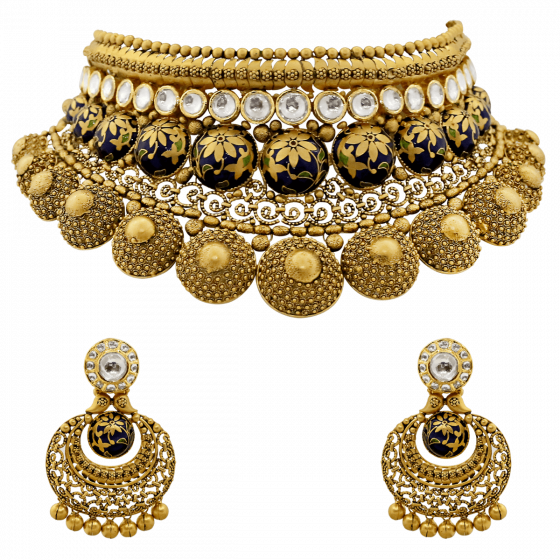Bridal Gold Necklace Set With Enamel & Floral Motif