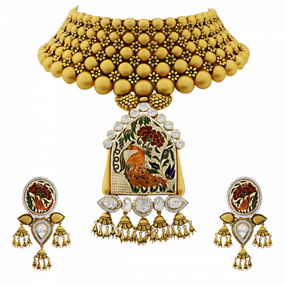 Bridal Gold Necklace Set With Enamel & Peacock Motif