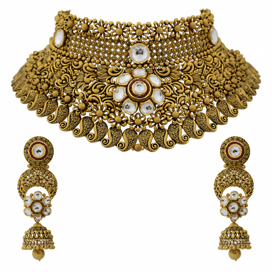 Bridal Gold Necklace Set With Floral & Paisley Motif