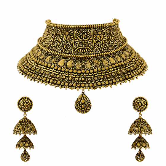Bridal Gold Necklace Set With Paisley & Floral Motif